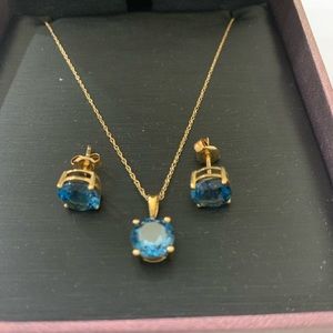 14k Rose Gold Blue Topaz Necklace with Pendant and Earrings Set